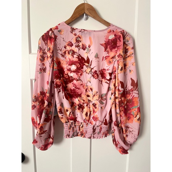 CeCe Pink Floral Bishop Sleeve Smocked Waist V Neck Blouse Top XS - Picture 5 of 6